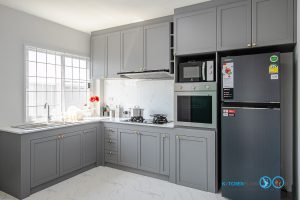 Matt Gray Kitchen, ชุดครัวโครงปูน, บิ้วอินชุดครัว, ชุดครัวตัวแอล, ชุดครัวสไตล์คลาสสิก, ครัวสีเทาด้าน, 